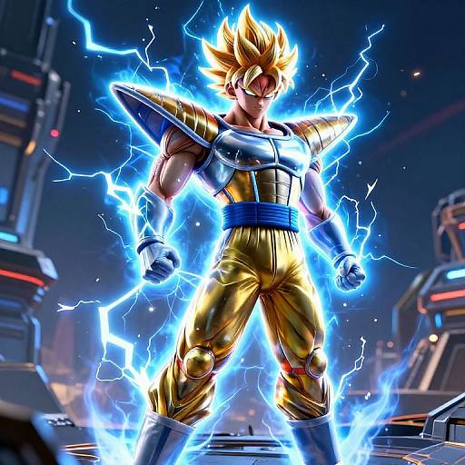 Digital artwork of Super Saiyan Son Goku, glowing with electric blue lightning, wearing golden armor and a blue sash, standing in a futuristic sci-fi