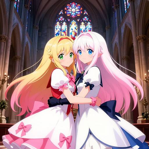 Magical Girls Embrace in Gothic Cathedral