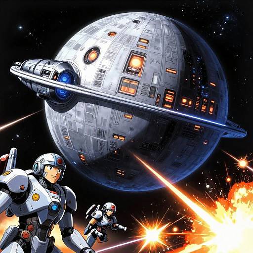 Digital anime-style illustration of two armored astronauts firing at a spaceship with orange explosions, set against a starry background.