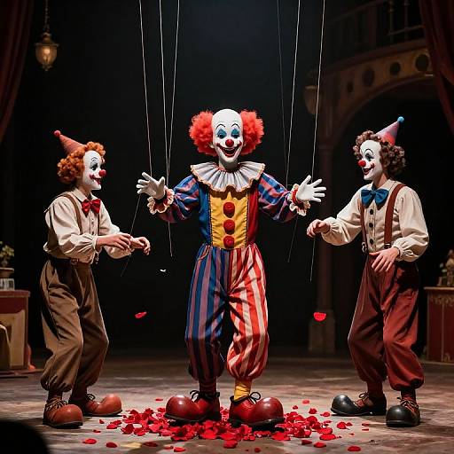 Photograph of three clown performers on stage, one in center with colorful striped pants, others in brown suspenders, surrounded by scattered rose petals.