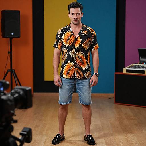 Photograph of a muscular, short-haired man in a black Hawaiian shirt with orange sunburst patterns, blue denim shorts, and black shoes, standing in