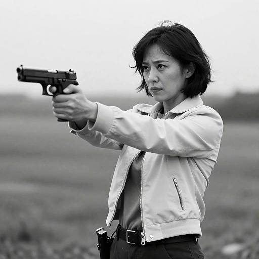 Determined Woman with Handgun in B&W