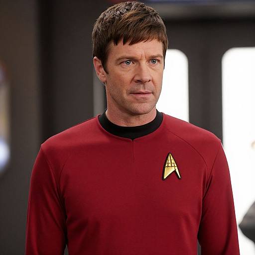 Photograph of a white man with short brown hair, wearing a red Star Trek uniform with black collar and golden triangle emblem, standing against a blurred dark