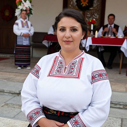 Photograph of a smiling Latina woman with dark hair, wearing a white traditional embroidered blouse and black skirt, standing in front of a blurred background with other