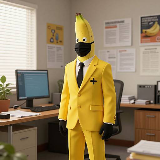 Photograph of a mannequin in a bright yellow suit, black tie, black mask, and banana hat, standing in a cluttered office with