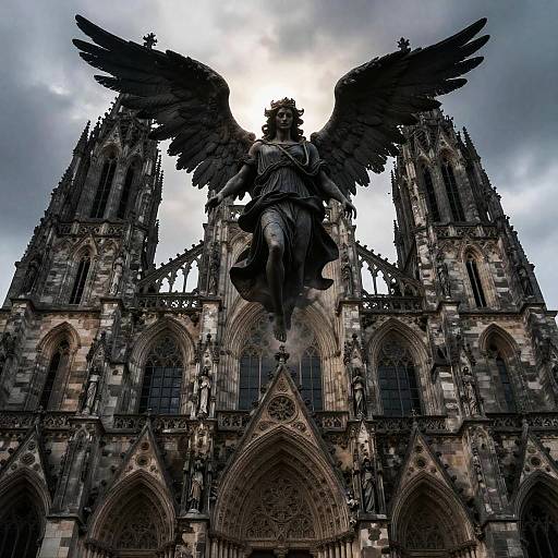 Photograph of a Gothic cathedral with a large, dark, winged statue of an angel suspended above the intricate facade against a cloudy sky.