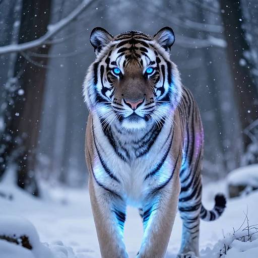 Digital artwork of a glowing blue-eyed tiger standing in a snowy forest, with snowflakes falling and forest trees in the background.