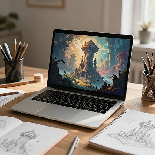 Photograph of a laptop displaying a vibrant, fantasy-themed desktop with towers and clouds, on a sunlit wooden desk, surrounded by sketchbooks, pencils