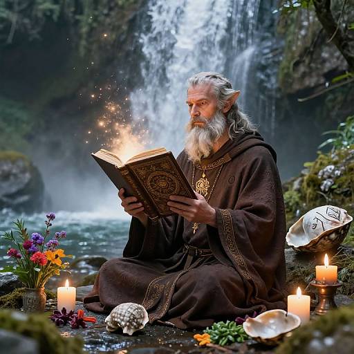 Ancient wizard with long white beard and pointed ears reads glowing book beside waterfall, surrounded by candles, flowers, shells, and mystical objects.