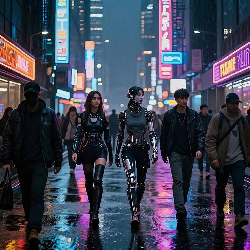 Cyberpunk night scene: Neon-lit street, rainy, woman in black latex outfit and thigh-high boots walks beside silver robot, surrounded by blurred