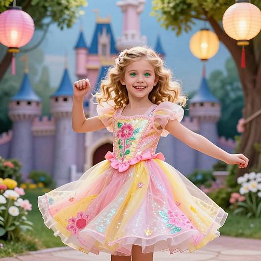 Photorealistic digital artwork of a smiling blonde girl in a colorful, sparkly dress with floral details, dancing in front of a fairy-tale castle
