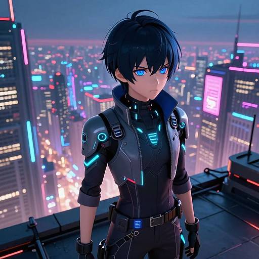 Digital anime-style illustration of a blue-eyed, black-haired young man in a neon-lit, futuristic cityscape. He wears a black, high-tech