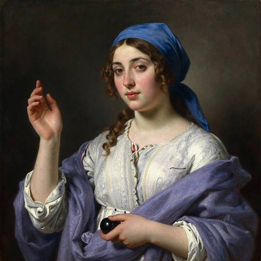 Photorealistic digital painting of a young woman with fair skin, brown curly hair, wearing a blue headscarf, white embroidered blouse, and purple