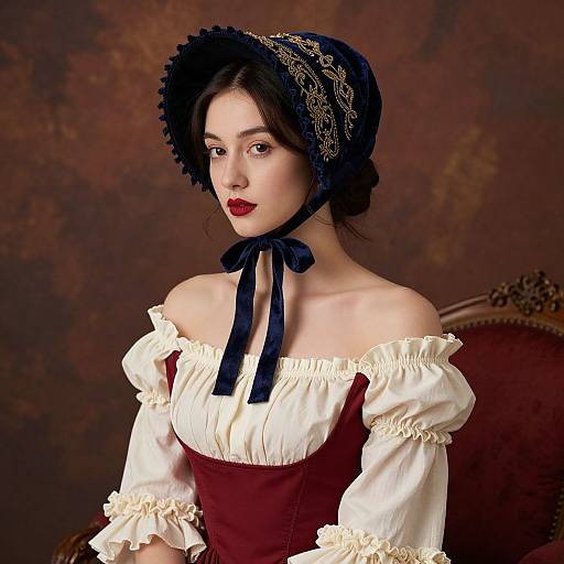 Victorian-style portrait of a pale-skinned woman with dark hair, red lipstick, wearing a black bonnet, off-shoulder white blouse,