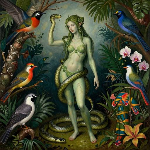 Digital painting of a green-skinned, topless woman with snakes, surrounded by colorful birds in a lush, tropical jungle setting.