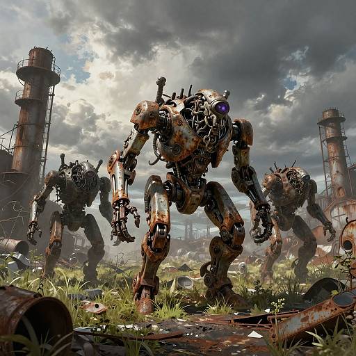 Photorealistic CGI: Three rusted, mechanical, humanoid robots with exposed wires and metal parts stand in a dilapidated, overgrown industrial ruin