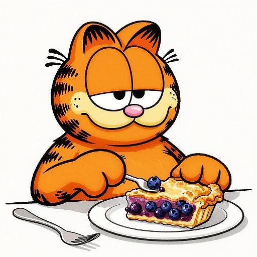 Cartoon Garfield, orange tabby cat, smug expression, sitting at table, eating pie with blueberries, fork on white plate, simple