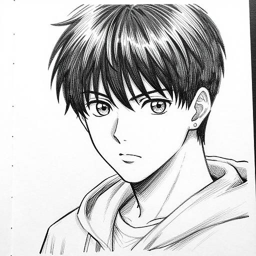 Black-and-white manga-style drawing of a young man with short, messy dark hair, large eyes, and a serious expression, wearing a hooded shirt