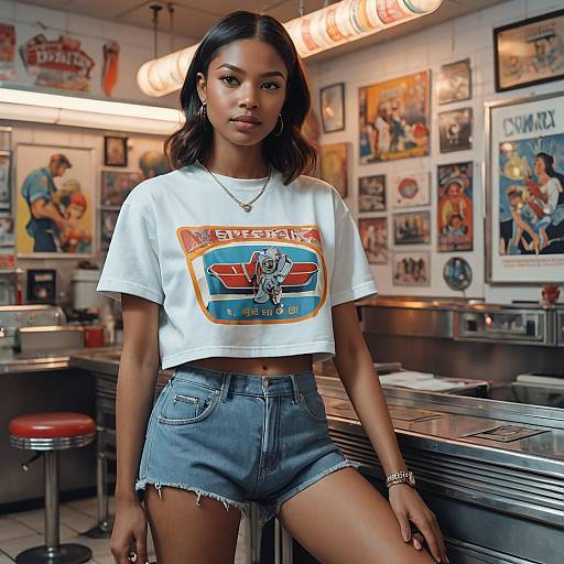 Young Woman in Vintage Crop Top at Diner