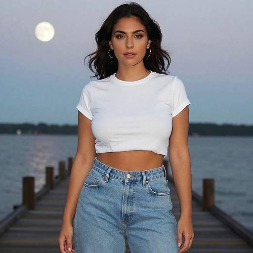 Photograph of a young woman with dark hair, wearing a white crop top and high-waisted blue jeans, standing on a wooden pier at dusk