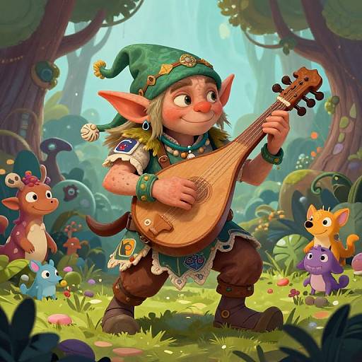 Whimsical Goblin Bard in Enchanted Forest