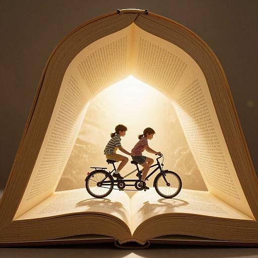 Photograph of two small, silhouetted children riding bicycles inside an open book, illuminated from behind by a bright light.