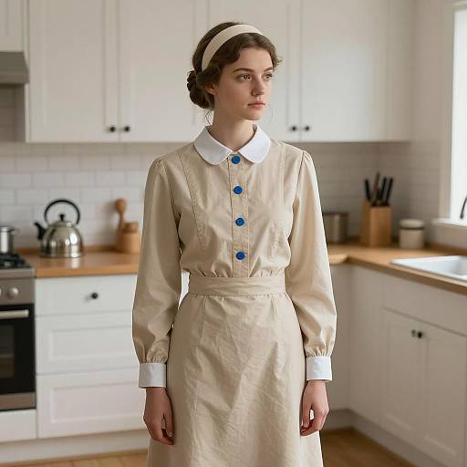 Young Woman in Vintage Maid Uniform in Kitchen