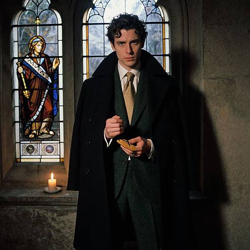 Photograph of a serious, curly-haired man in a dark coat, white shirt, and gold tie, holding a book candlelit church window with a
