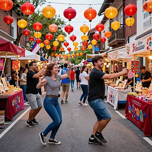 Photograph of a lively street market with colorful red, orange lanterns overhead, young couple in striped shirt and black t-shirt dancing in the middle,