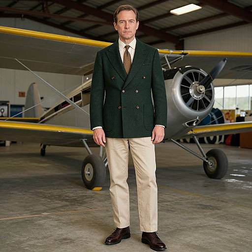 Photograph of a man in a black double-breasted coat, beige pants, and black shoes standing in front of a vintage yellow and silver airplane in