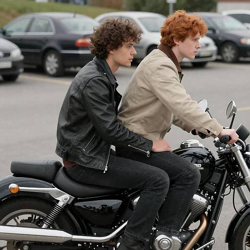 Two Men on Motorcycle in Parking Lot