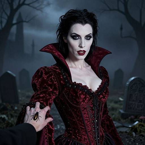 Gothic vampire woman with pale skin, dark red dress, black lace trim, and dramatic makeup, holding a spider hand in a spooky graveyard.