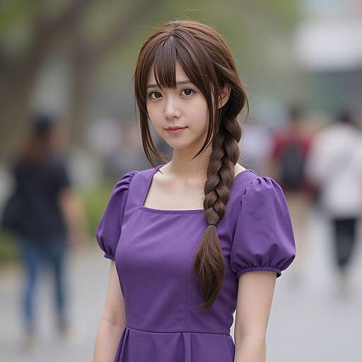 Photograph of an East Asian woman with long braided brown hair, wearing a purple dress, standing in a blurred urban park.