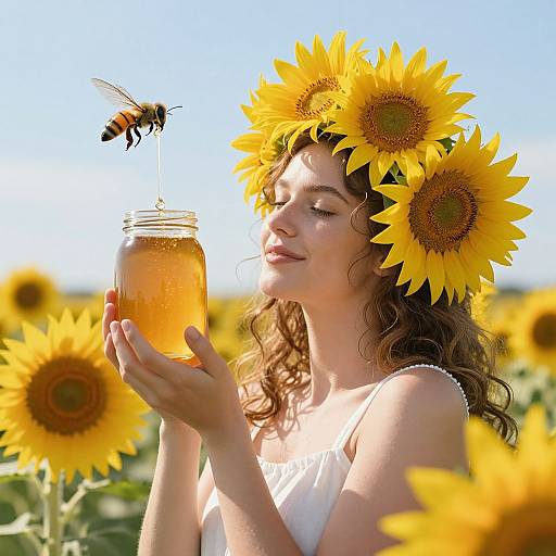 Photograph of a curly-haired woman with a sunflower crown, holding a honey jar, as a bee hovers nearby in a sunflower field.