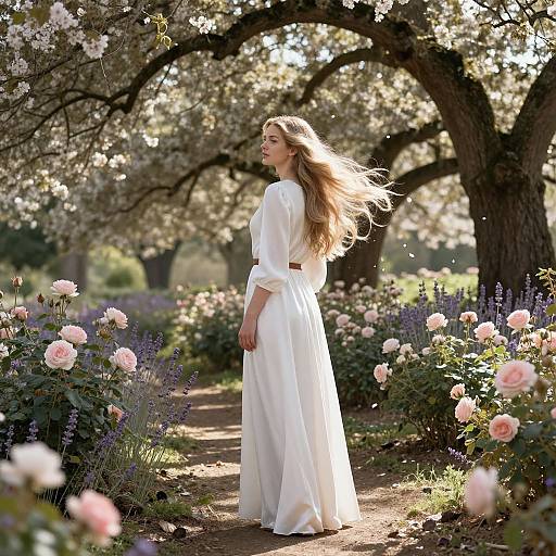 Elegant Woman in Serene Blossom Garden