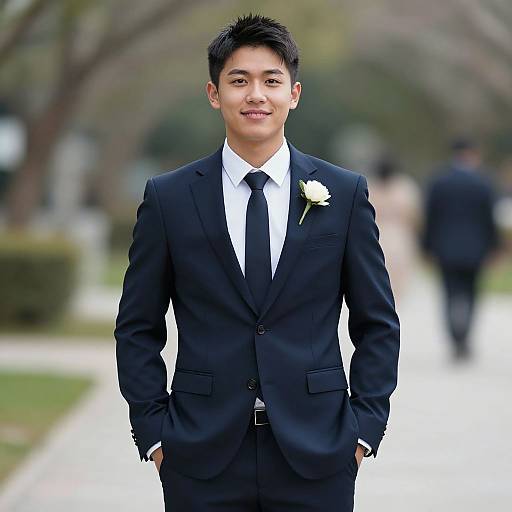 Photograph of an Asian man in a black suit with a white rose boutonnière, black tie, and hands in pockets, standing on a