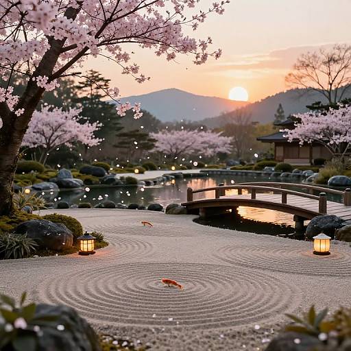 Zen Garden at Sunset with Cherry Blossoms