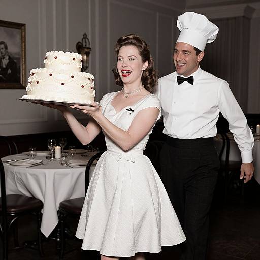Vintage-style photograph of a smiling, red-lipped waitress in a white dress holding a three-tiered cake, accompanied by a smiling male waiter in a