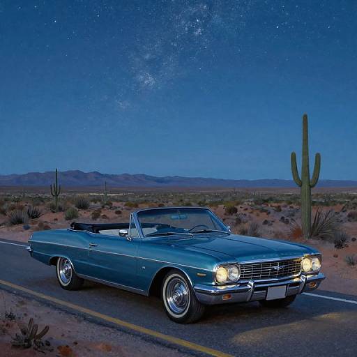 Classic Convertible Car on Desert Road at Night