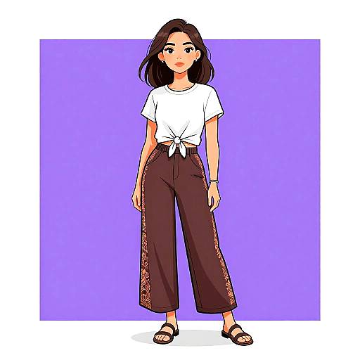 Digital illustration of a young woman with medium-length black hair, wearing a white tied shirt, brown high-waisted pants with gold embroidery, and black