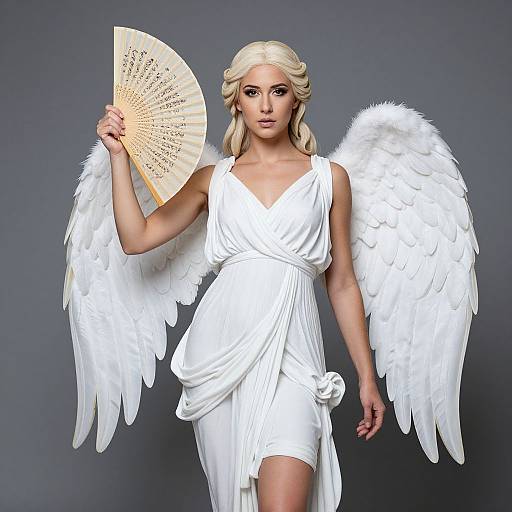 Photograph of a blonde woman with white angel wings, wearing a white, sleeveless, draped dress, holding a fan, against a gray background.