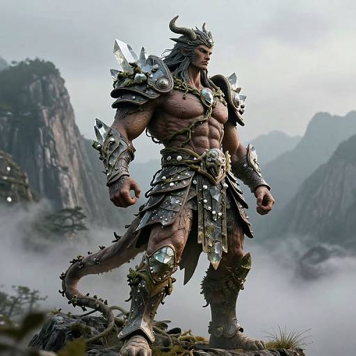 CGI fantasy artwork of a muscular, horned, armored warrior with a dragon tail, standing on a misty mountain peak. Dark, rocky landscape