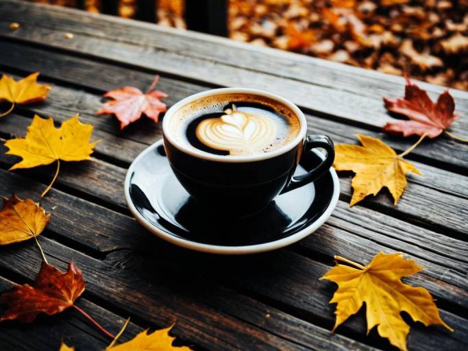 Cozy Fall Coffee with Autumn Leaves