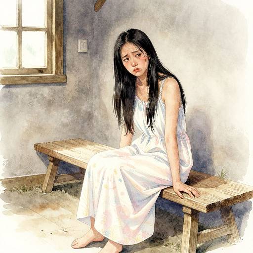 Digital painting of a sad Asian woman with long black hair, wearing a white sundress, sitting on a wooden bench in a sunlit, gray-w