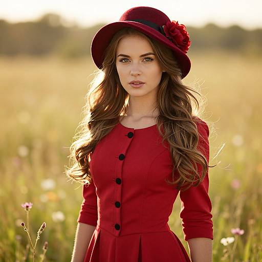 Photograph of a young woman with long brown hair, wearing a red dress with black buttons and a matching hat with a red flower, standing in a
