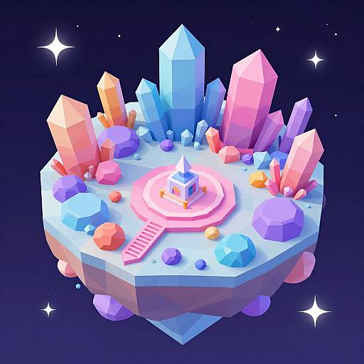 Bright, colorful, geometric digital artwork of a crystal planet with pink, blue, and purple crystals, a central pink path, and a small blue building