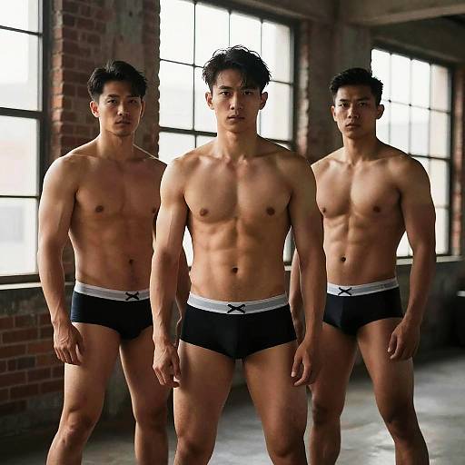 Photograph of three muscular, tan-skinned Asian men in black boxer briefs with white waistbands and black bows, standing in a brick-walled