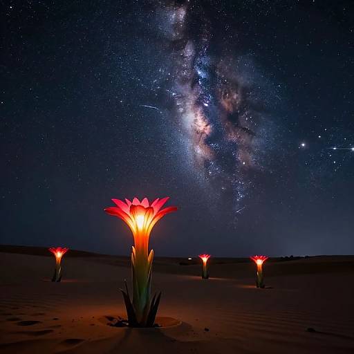 Photograph of a nighttime desert scene with glowing red flowers under a starry sky, showcasing the Milky Way galaxy prominently overhead.