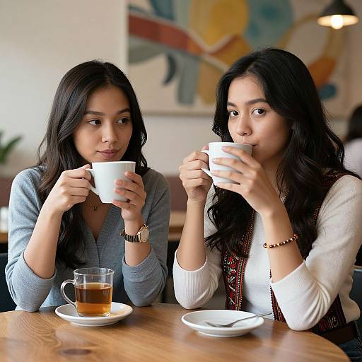 Photograph of two Asian women with long black hair, sipping white coffee cups at a wooden table, with a glass of tea and abstract painting in