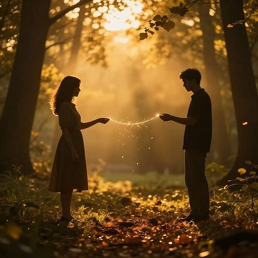 Silhouetted couple in an autumn forest, holding a glowing string of fairy lights, bathed in golden sunlight, surrounded by falling leaves.